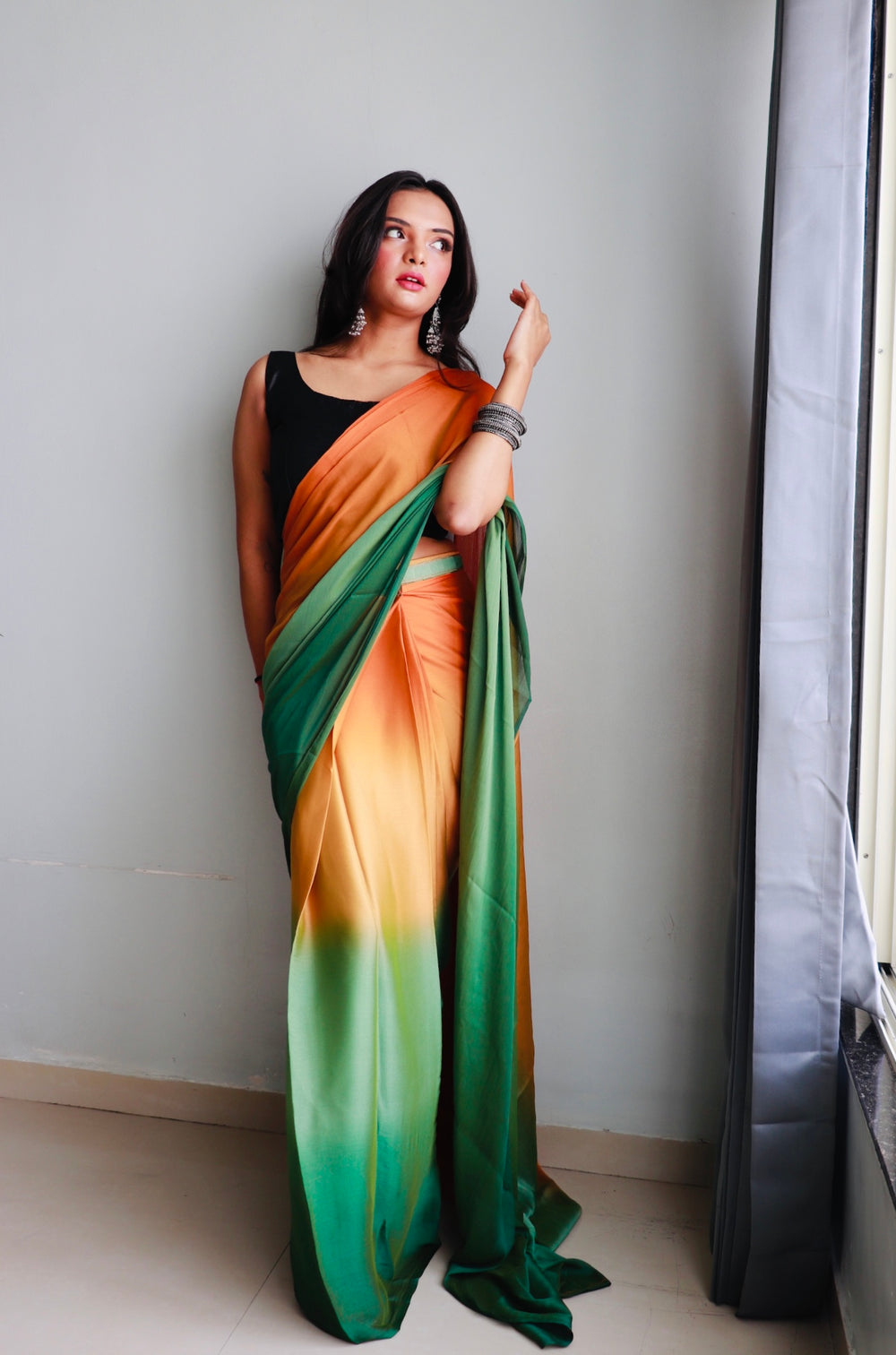 One Minute Ready To Wear Orange & Green Chiffon Silk Saree