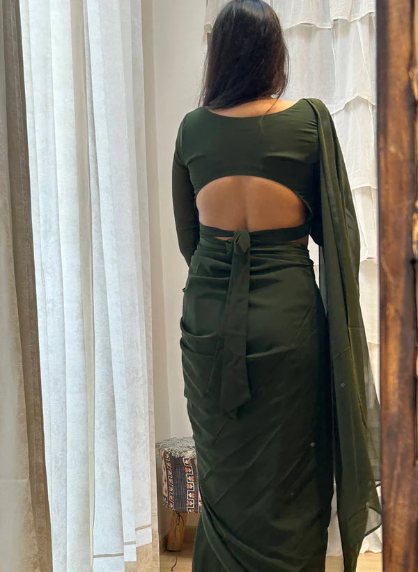 One Minute Ready To Wear Women's Party Green Plain Georgette Saree