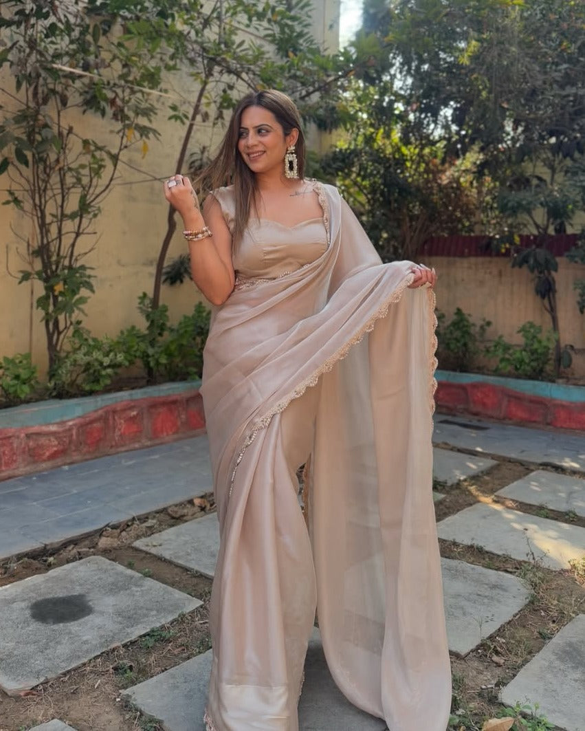 One Minute Ready To Wear Women's Trending Party Wear Two-tone Bollywood Saree With Stitch Blouse