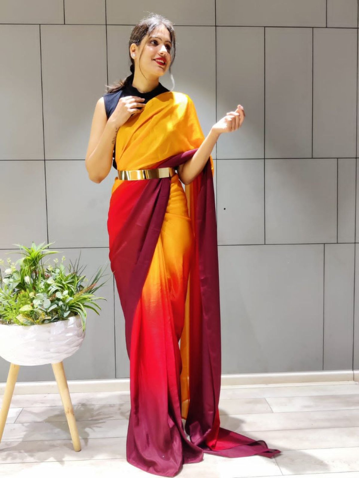 One Minute Ready To Wear Elegant Gradient Red and Yellow Saree