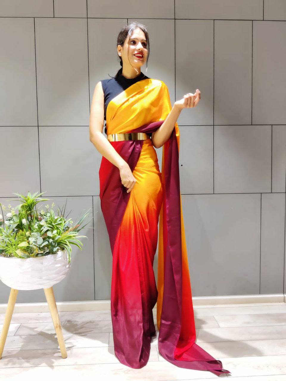 One Minute Ready To Wear Elegant Gradient Red and Yellow Saree