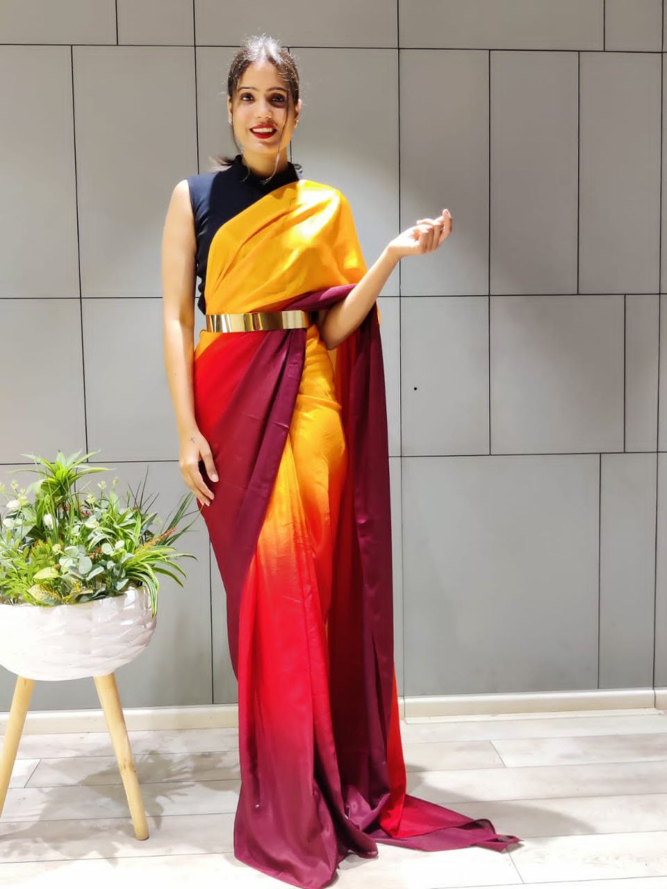 One Minute Ready To Wear Elegant Gradient Red and Yellow Saree