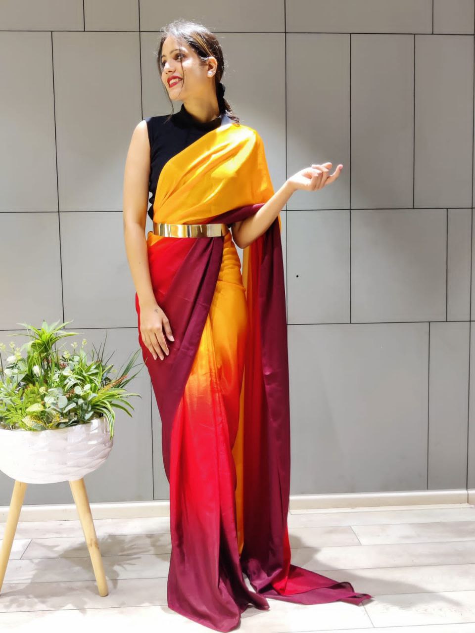 One Minute Ready To Wear Elegant Gradient Red and Yellow Saree