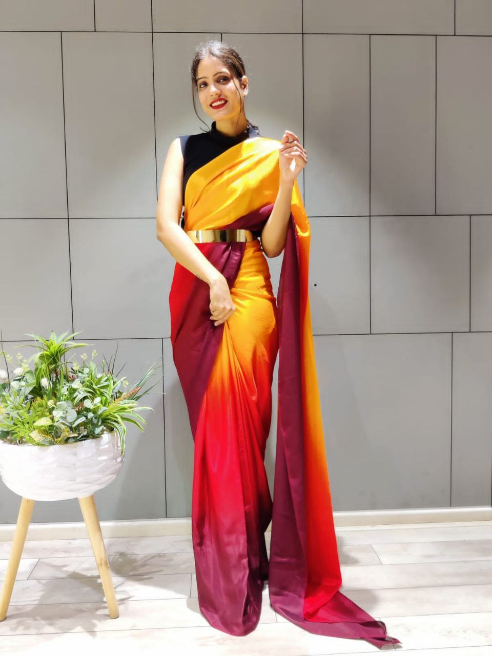 One Minute Ready To Wear Elegant Gradient Red and Yellow Saree
