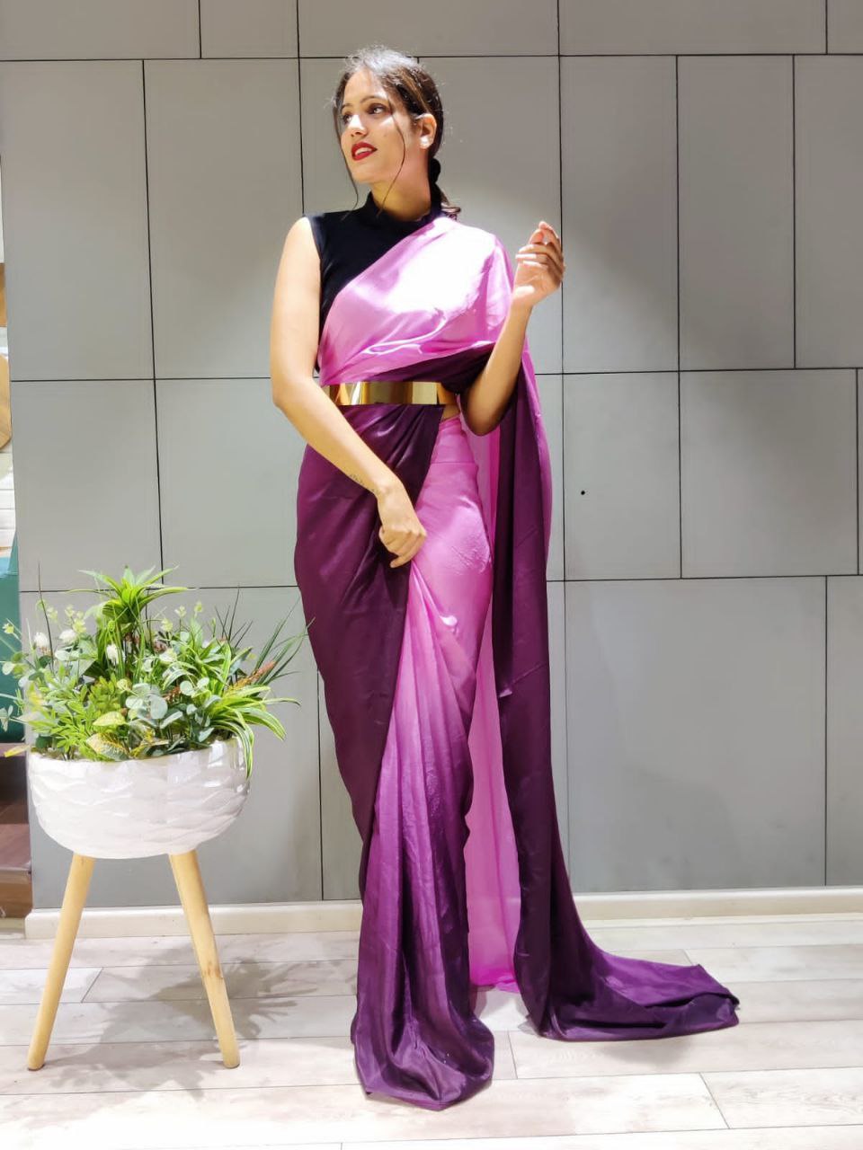 One Minute Ready To Wear Elegant Gradient Wine Saree