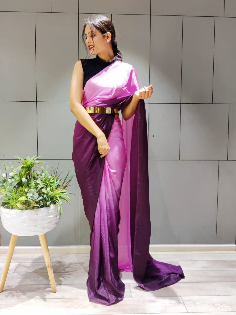 One Minute Ready To Wear Elegant Gradient Wine Saree