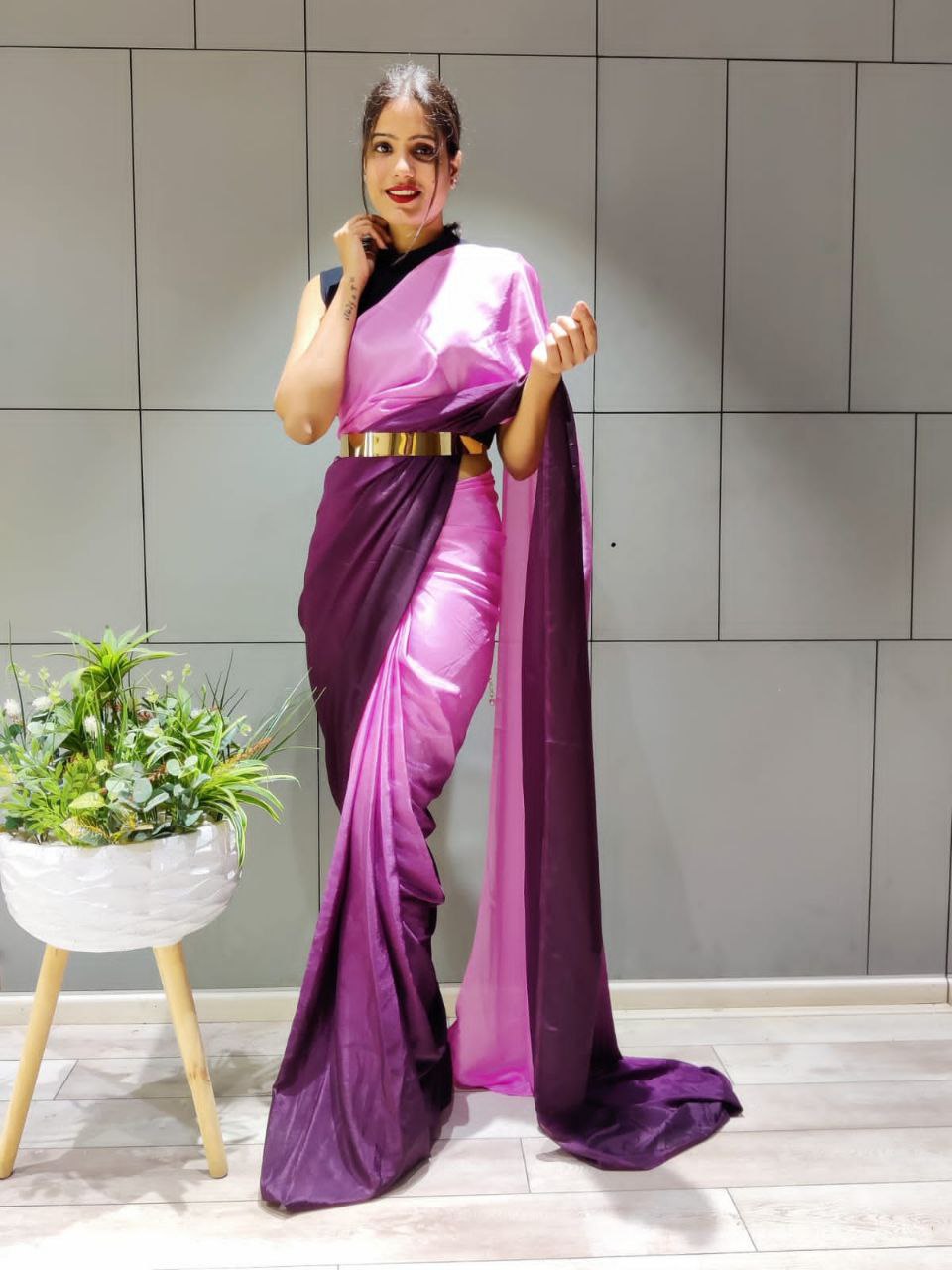 One Minute Ready To Wear Elegant Gradient Wine Saree