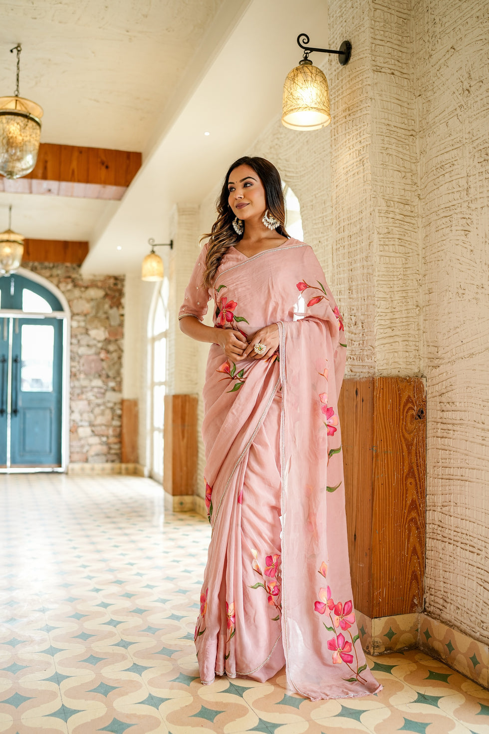 One Minute Ready To Wear Baby Pink Soft Georgette Silk Saree with same pattern stiched blouse