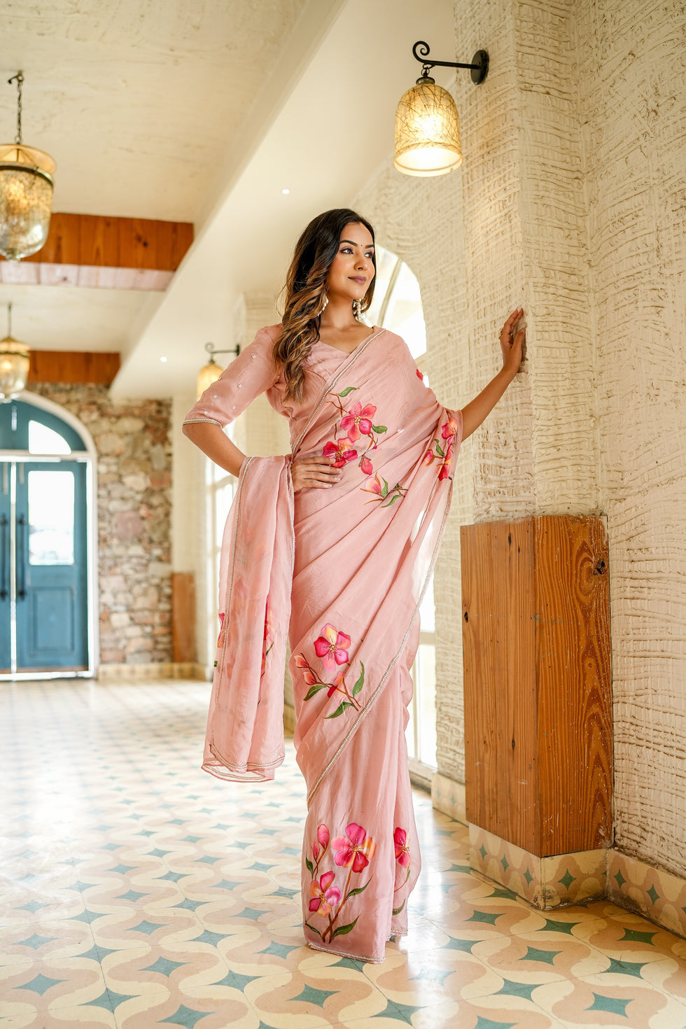 One Minute Ready To Wear Baby Pink Soft Georgette Silk Saree with same pattern stiched blouse