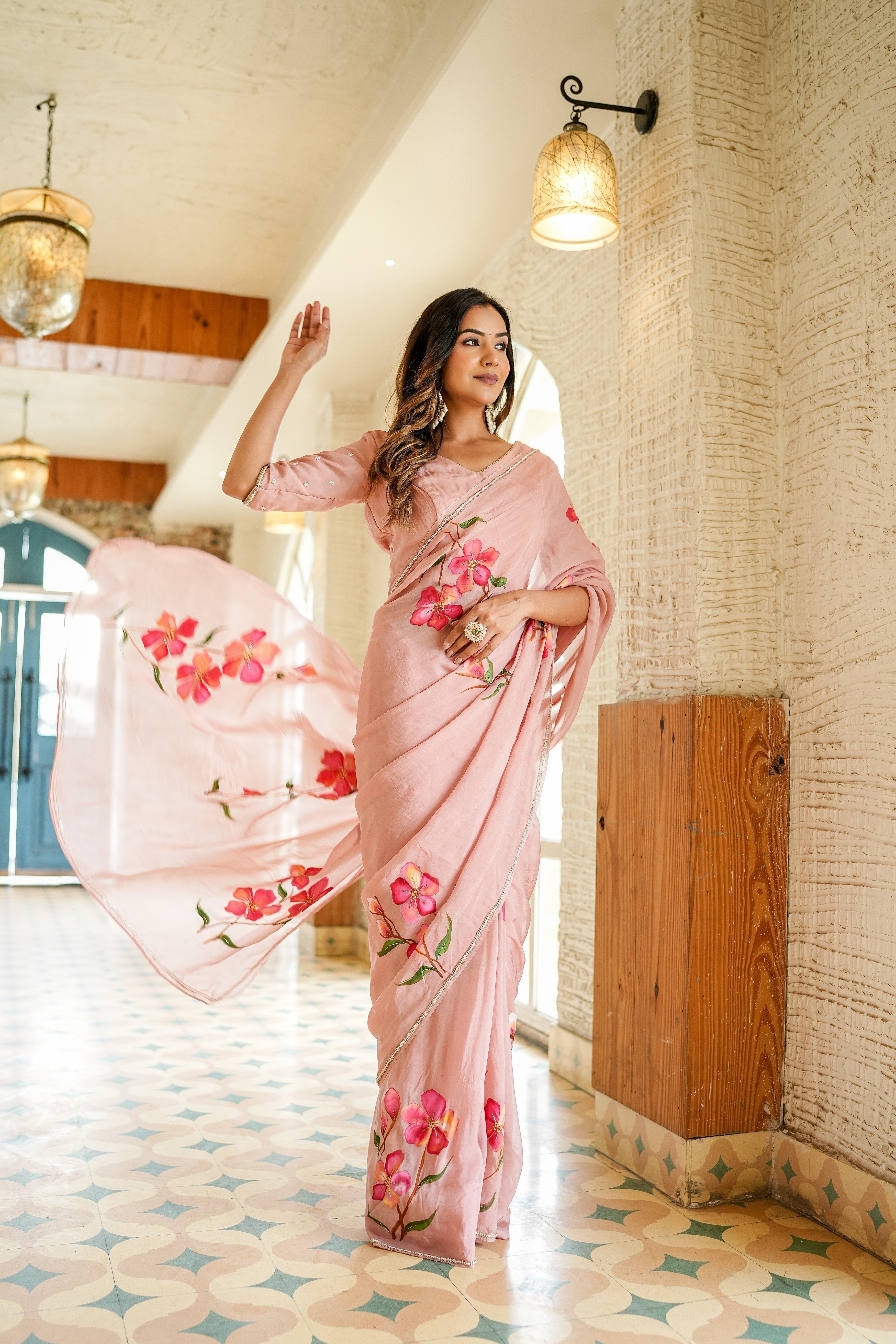One Minute Ready To Wear Baby Pink Soft Georgette Silk Saree with same pattern stiched blouse
