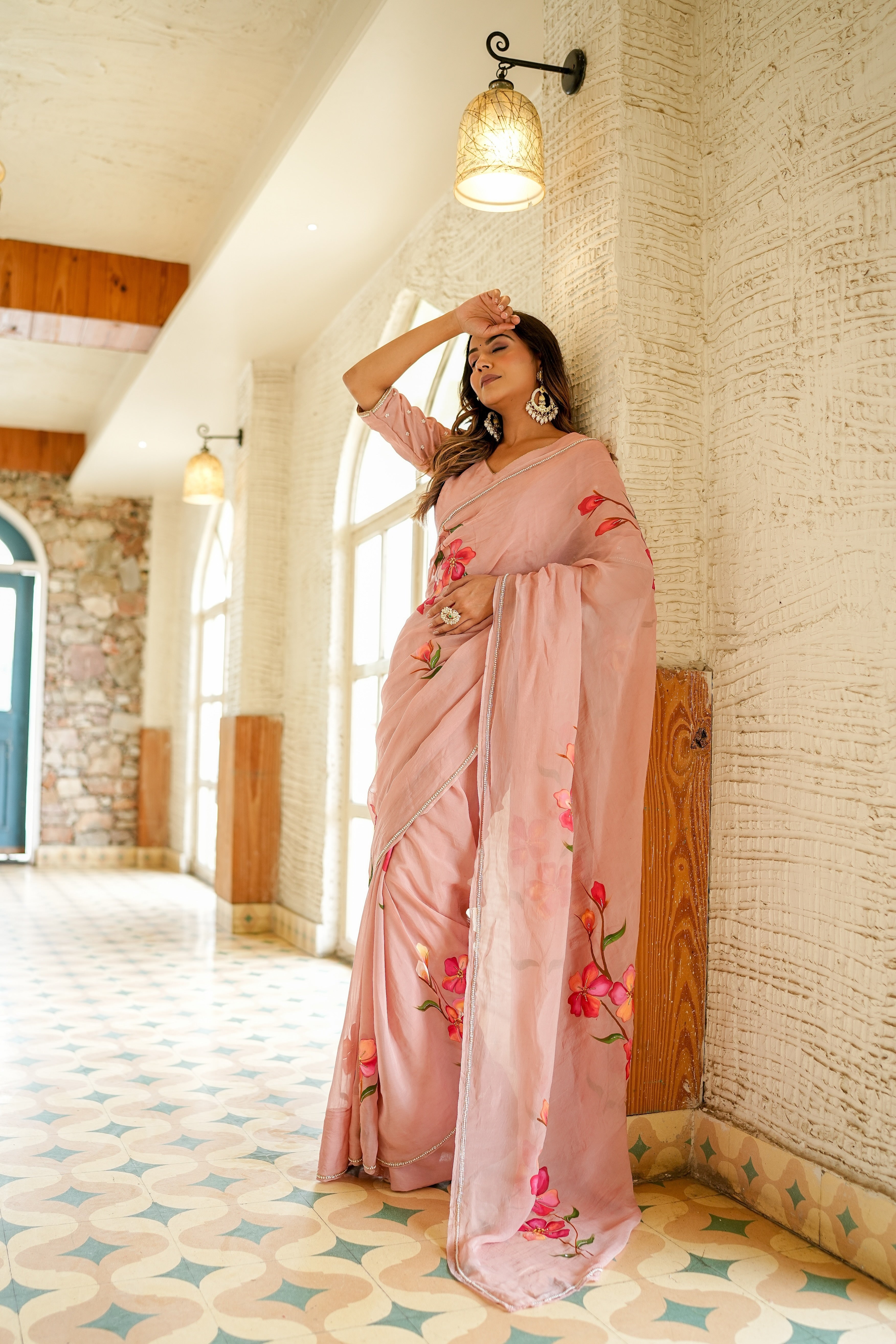 One Minute Ready To Wear Baby Pink Soft Georgette Silk Saree with same pattern stiched blouse