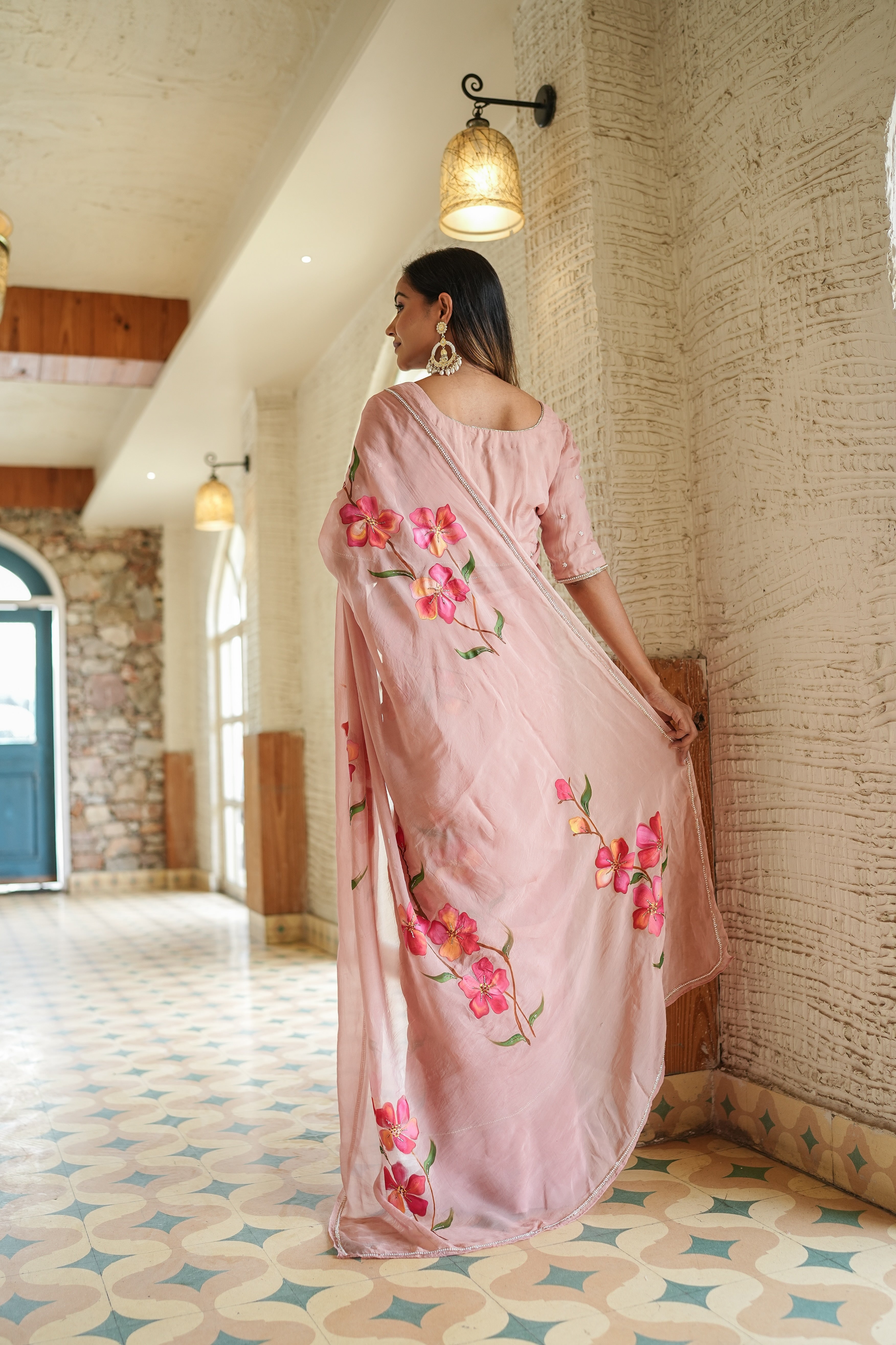 One Minute Ready To Wear Baby Pink Soft Georgette Silk Saree with same pattern stiched blouse