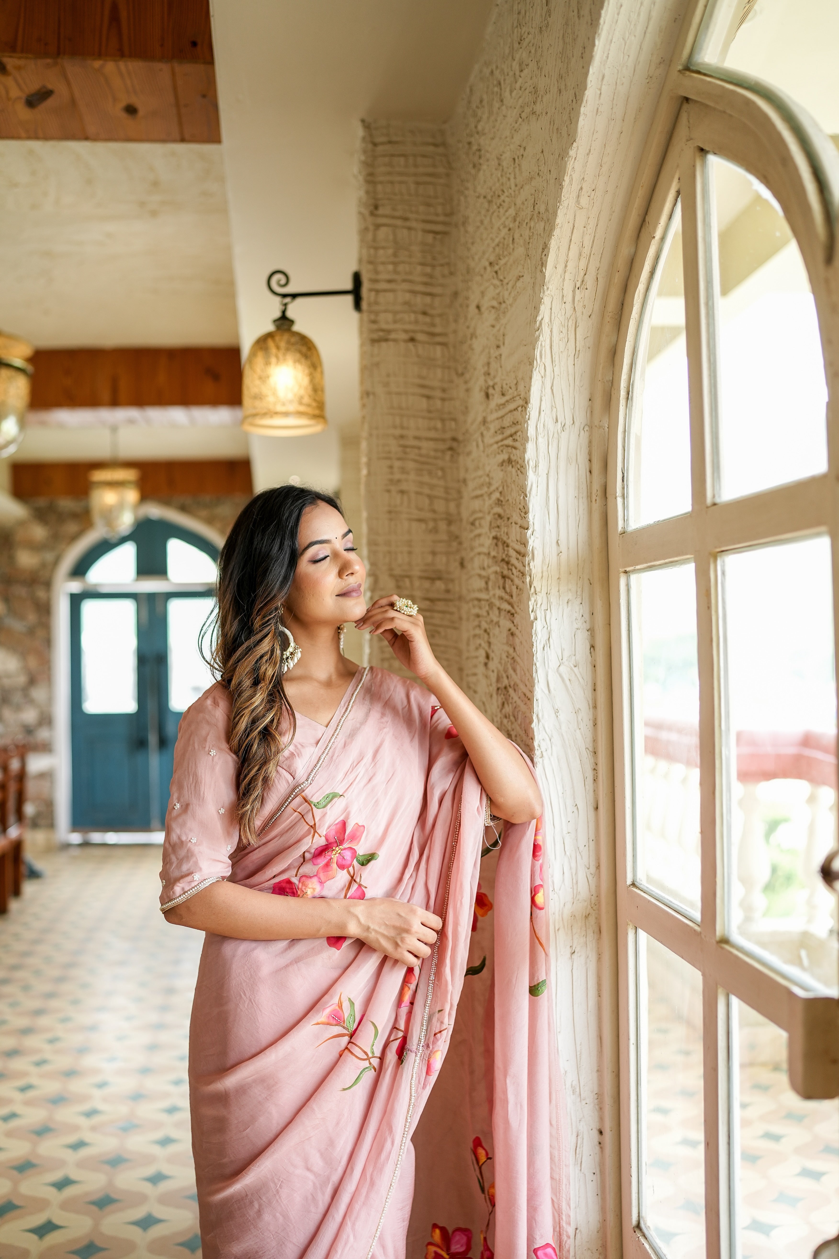 One Minute Ready To Wear Baby Pink Soft Georgette Silk Saree with same pattern stiched blouse