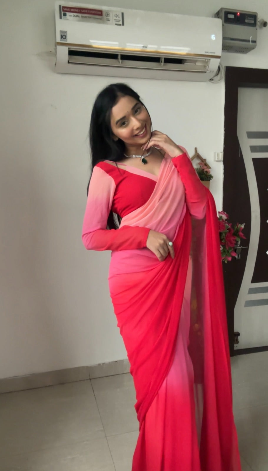 One Minute Ready To Wear Elegant Red Floral Dream Saree