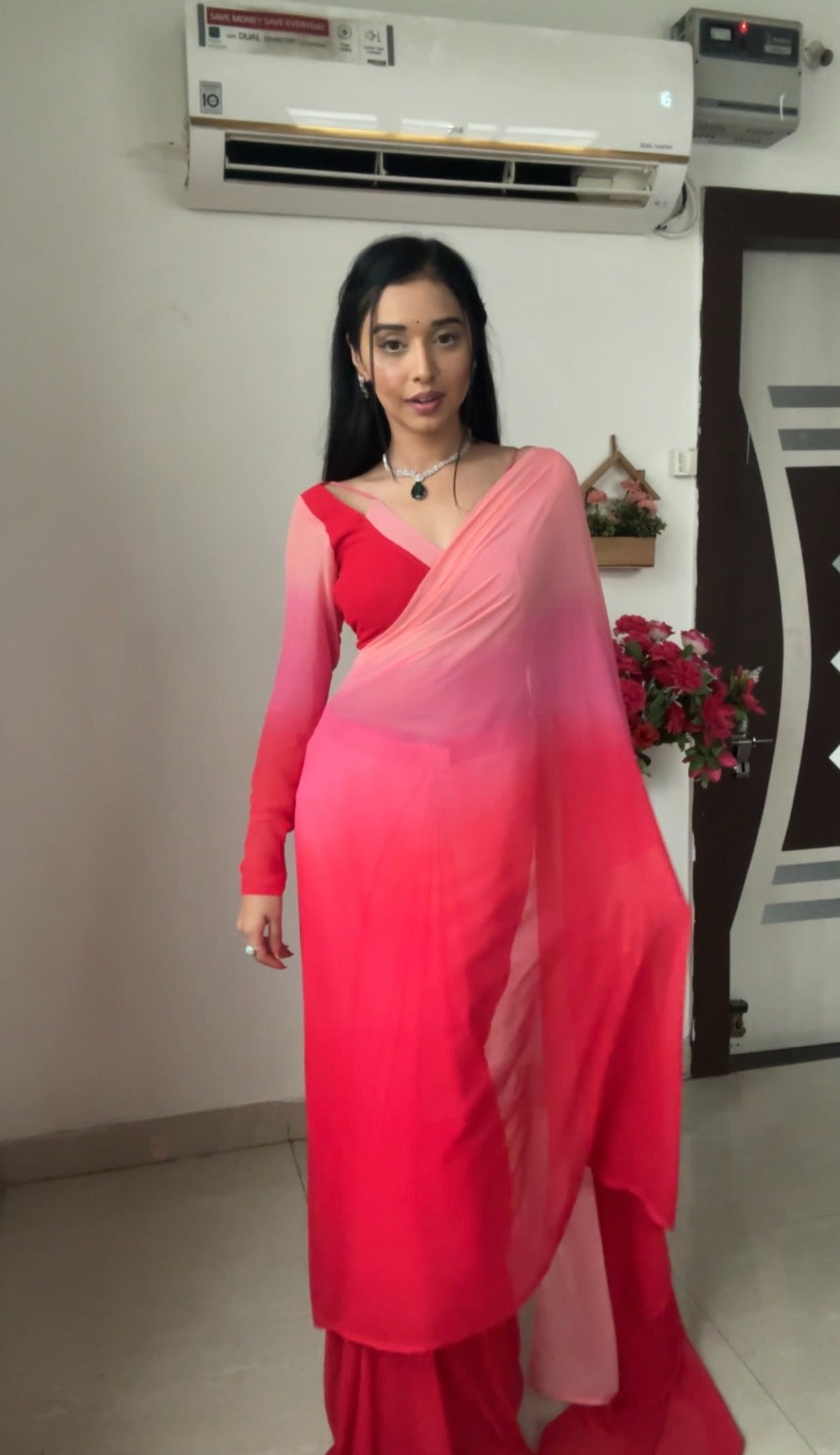 One Minute Ready To Wear Elegant Red Floral Dream Saree