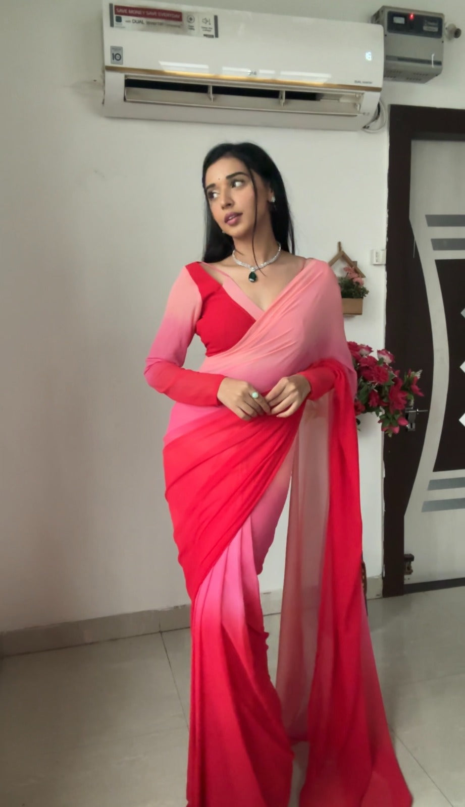 One Minute Ready To Wear Elegant Red Floral Dream Saree