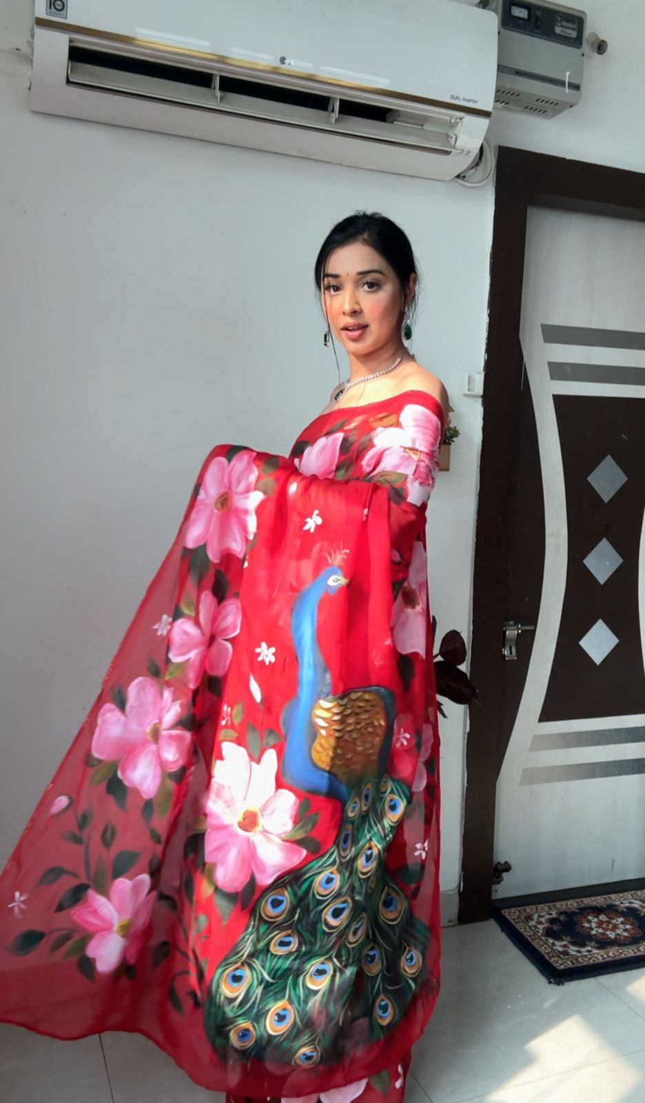 One Minute Ready To Wear Elegant Red Floral Dream Saree