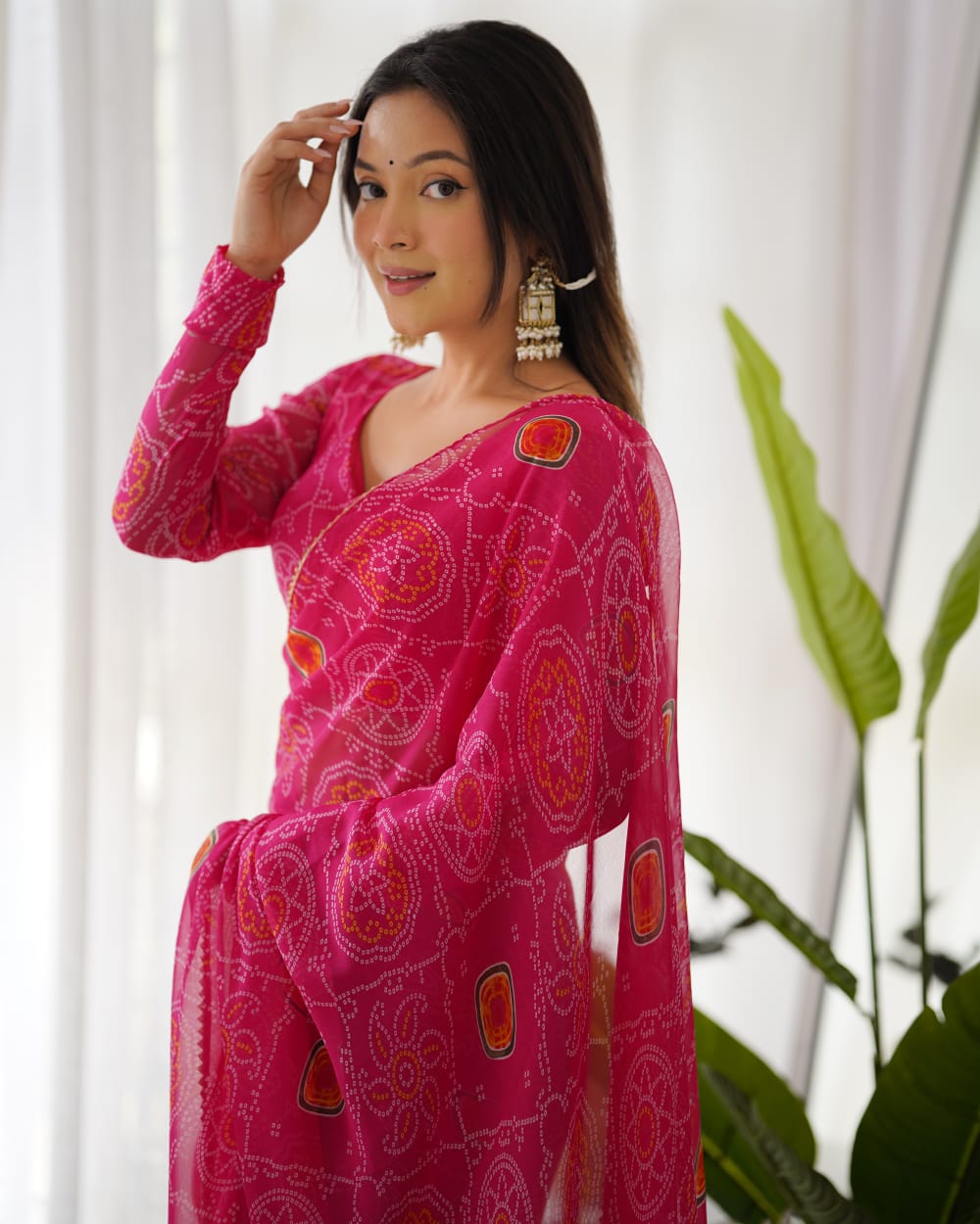 One Minute Ready To Wear Pure Chiffon Silk With Bandhani Print Saree