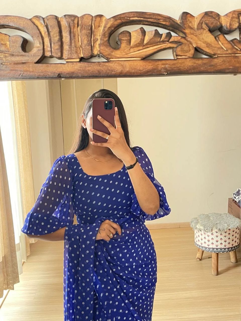 One Minute Ready To Wear Printed Work Blue Georgette Saree