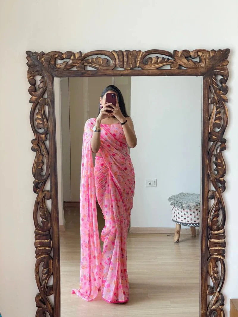 One Minute Ready To Wear Light Pink Georgette With Floral Printed Saree