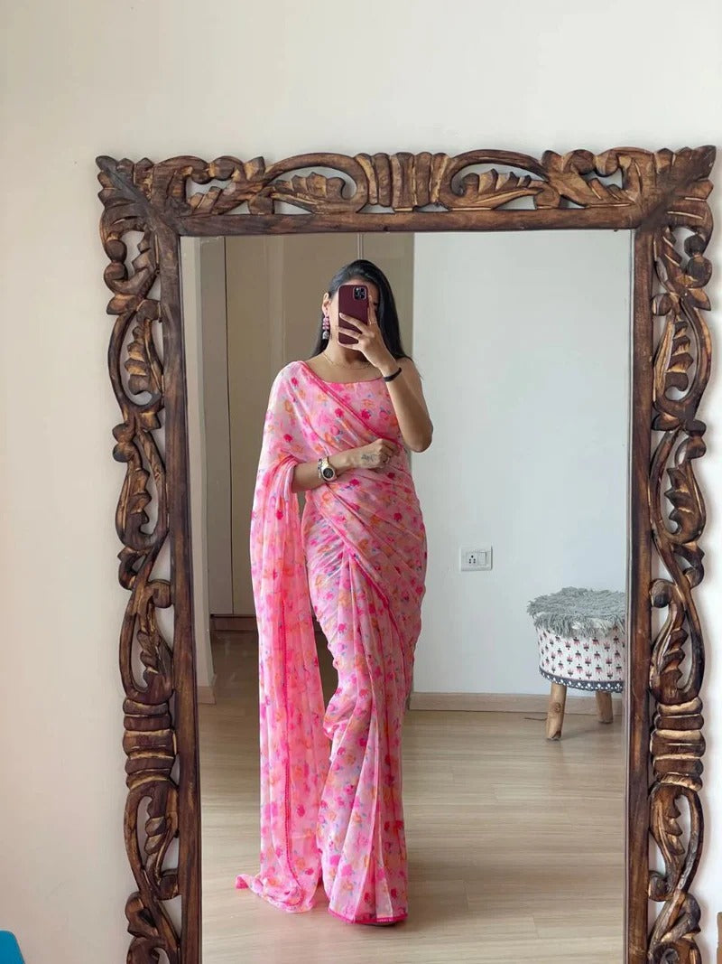 One Minute Ready To Wear Light Pink Georgette With Floral Printed Saree