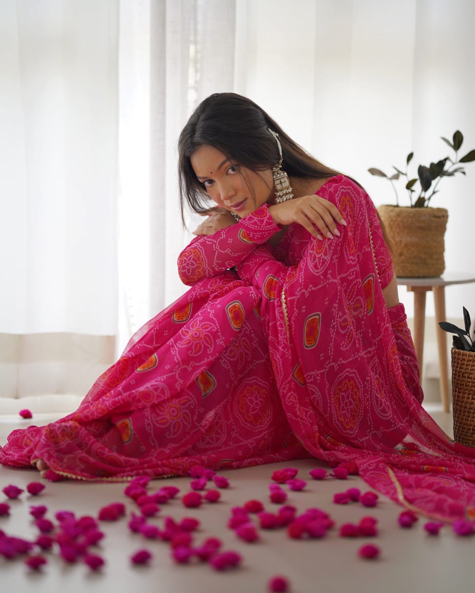 One Minute Ready To Wear Pure Chiffon Silk With Bandhani Print Saree
