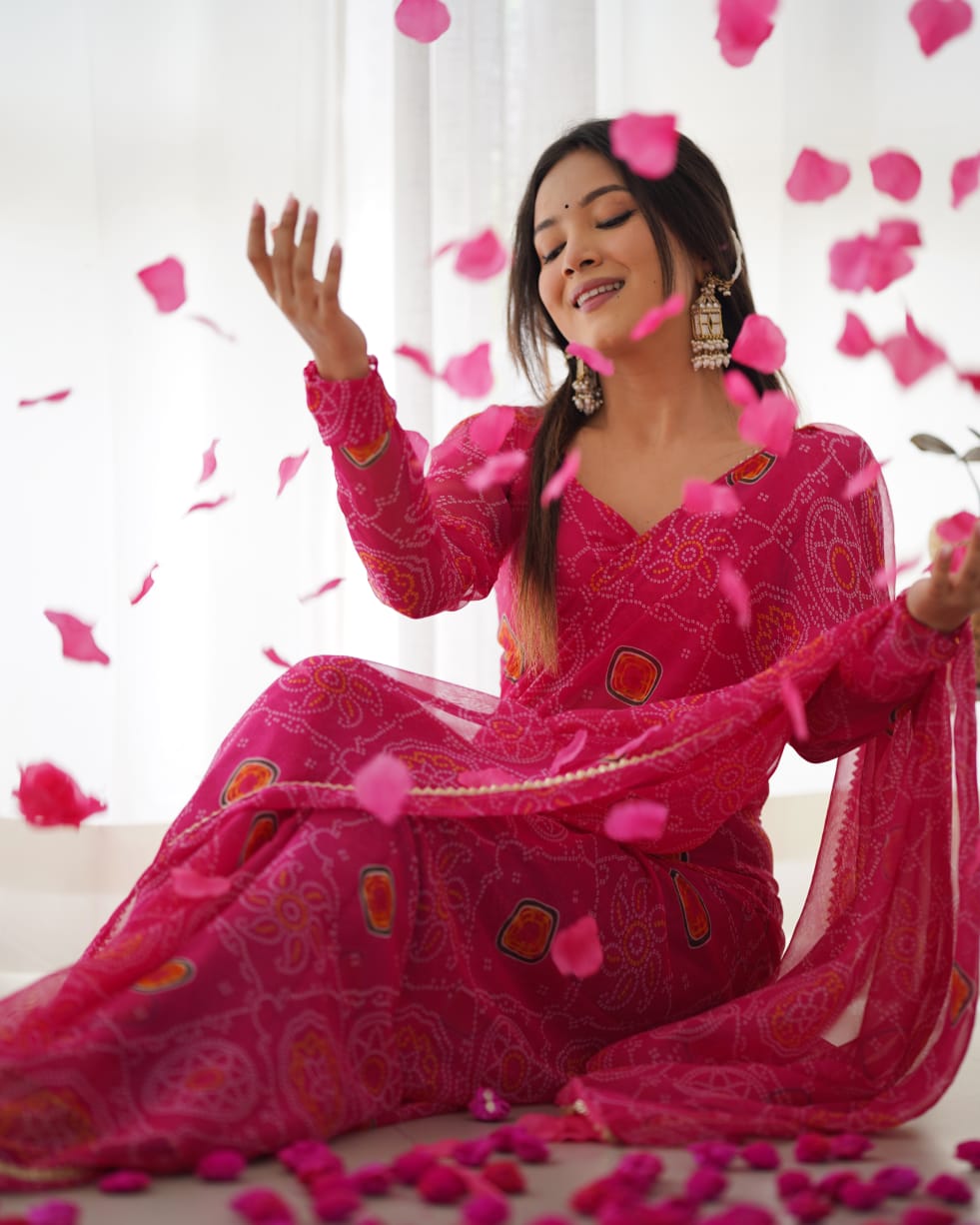 One Minute Ready To Wear Pure Chiffon Silk With Bandhani Print Saree