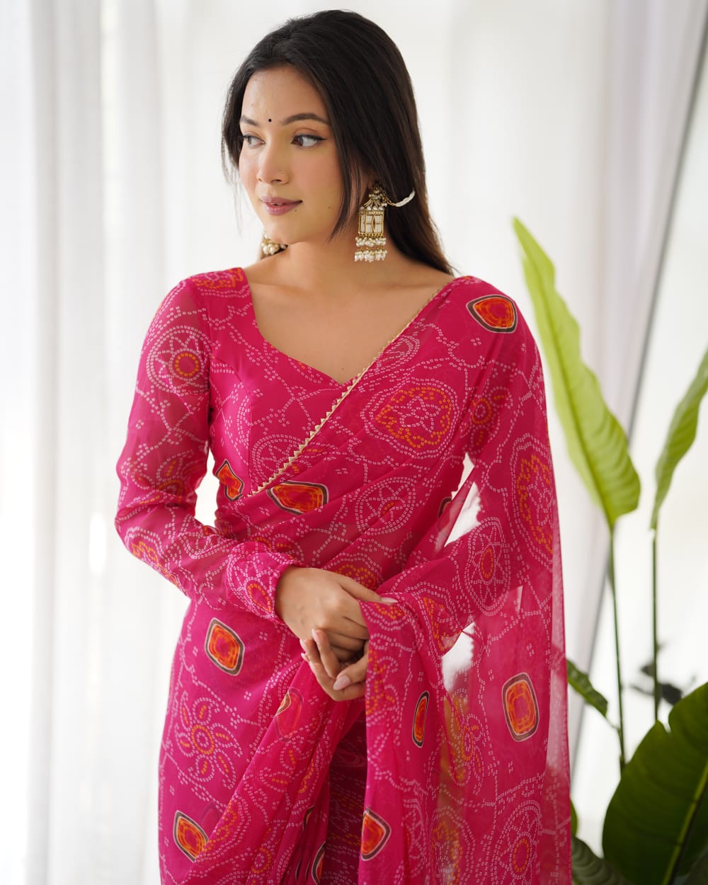 One Minute Ready To Wear Pure Chiffon Silk With Bandhani Print Saree