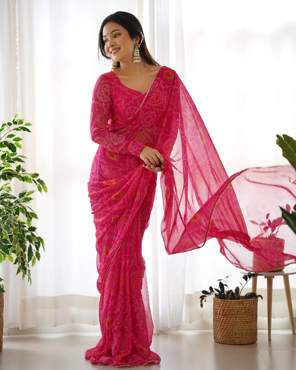 One Minute Ready To Wear Pure Chiffon Silk With Bandhani Print Saree