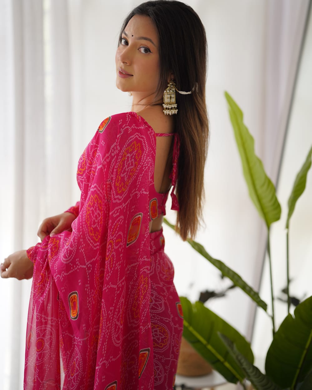 One Minute Ready To Wear Pure Chiffon Silk With Bandhani Print Saree