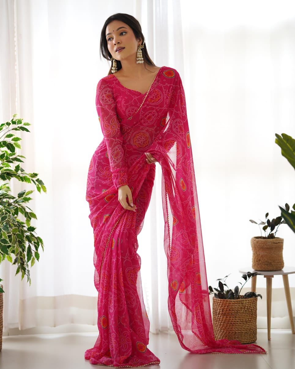 One Minute Ready To Wear Pure Chiffon Silk With Bandhani Print Saree