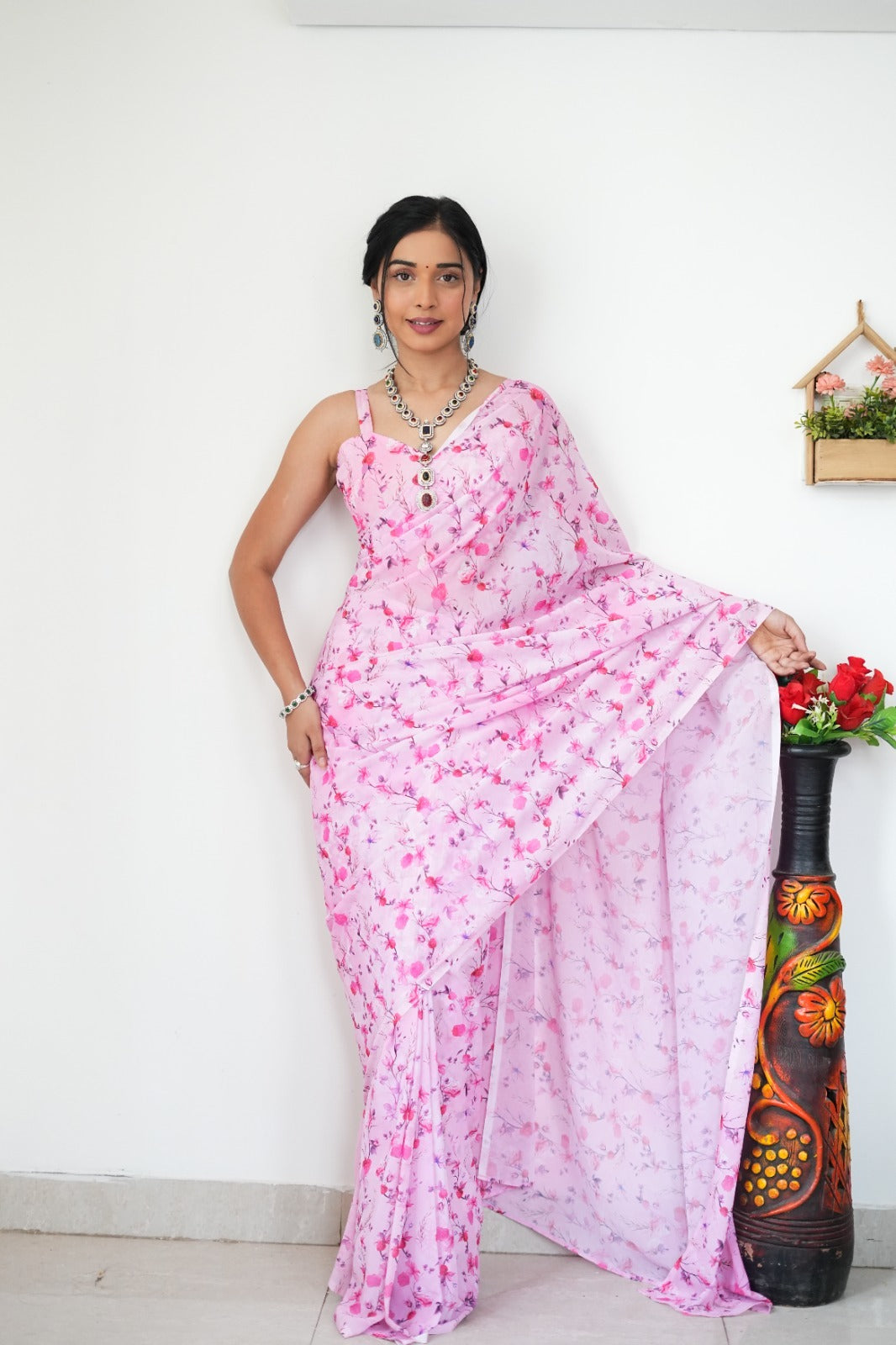 One Minute Ready To Wear Baby Pink Printed Satin Silk Saree