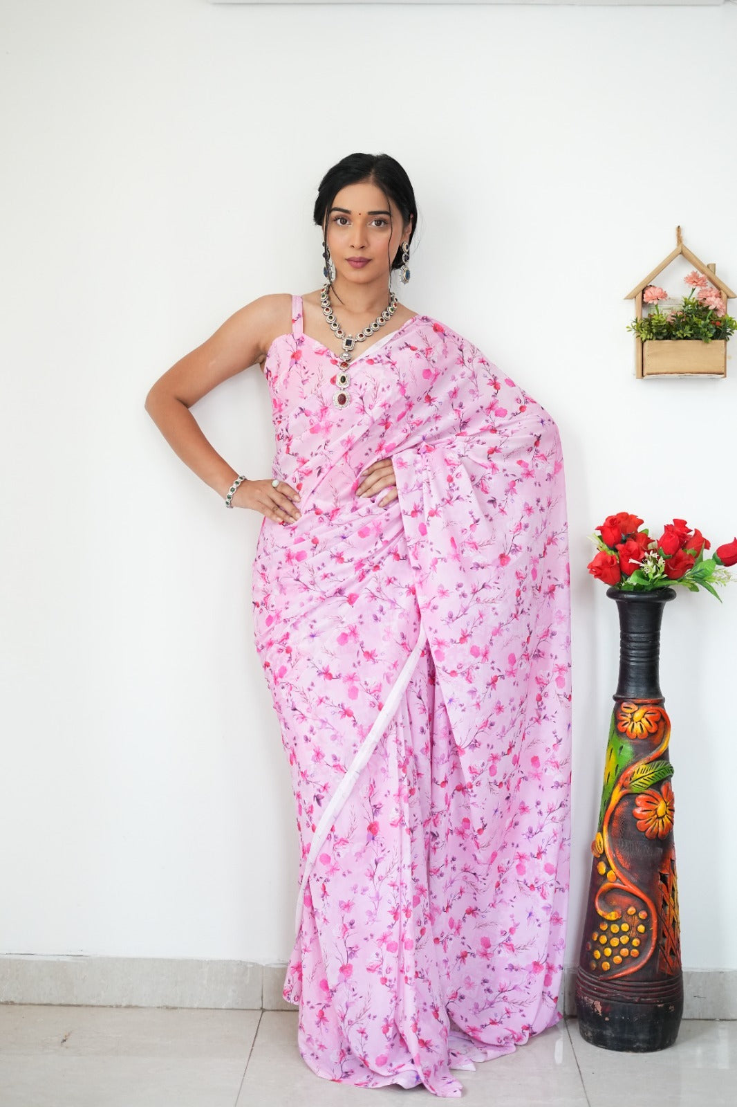 One Minute Ready To Wear Baby Pink Printed Satin Silk Saree