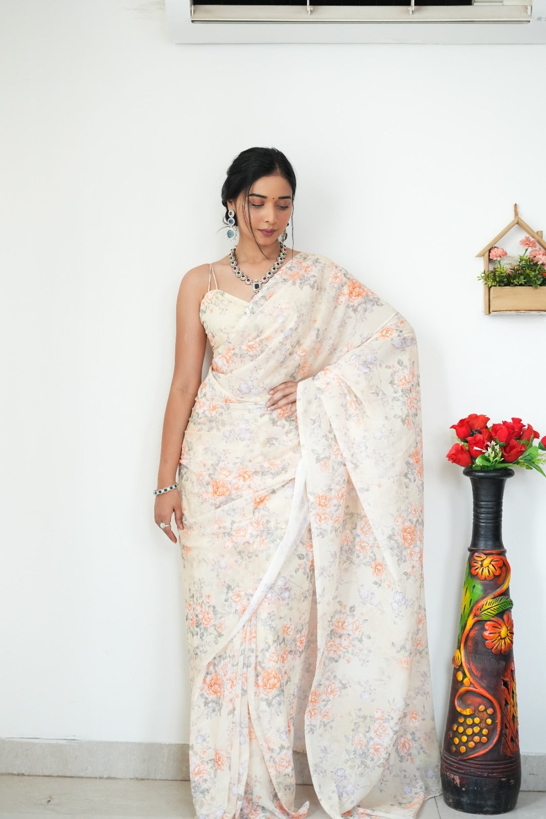 One Minute Ready To Wear Baby Orange Printed Satin Silk Saree