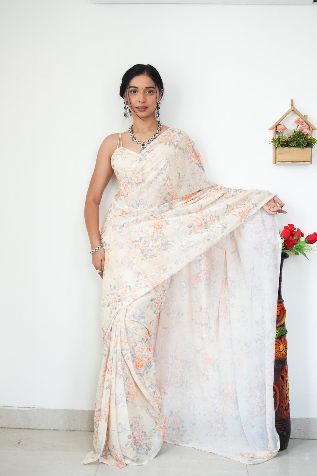 One Minute Ready To Wear Baby Orange Printed Satin Silk Saree