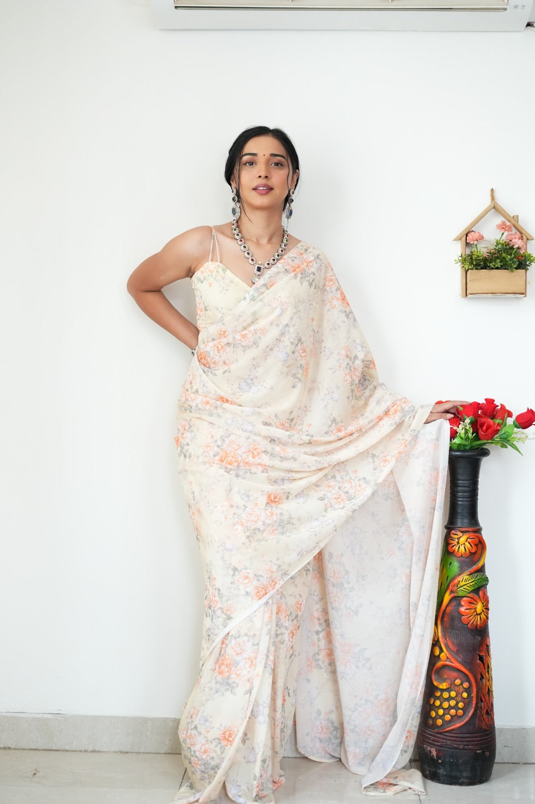 One Minute Ready To Wear Baby Orange Printed Satin Silk Saree