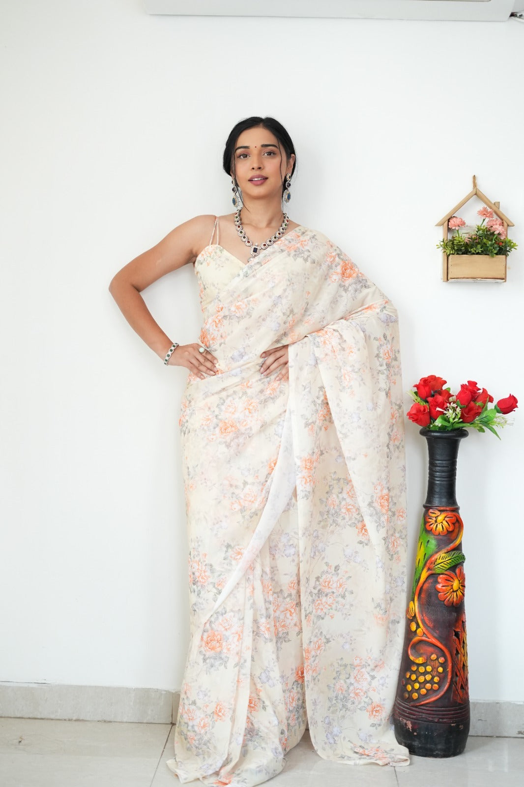 One Minute Ready To Wear Baby Orange Printed Satin Silk Saree