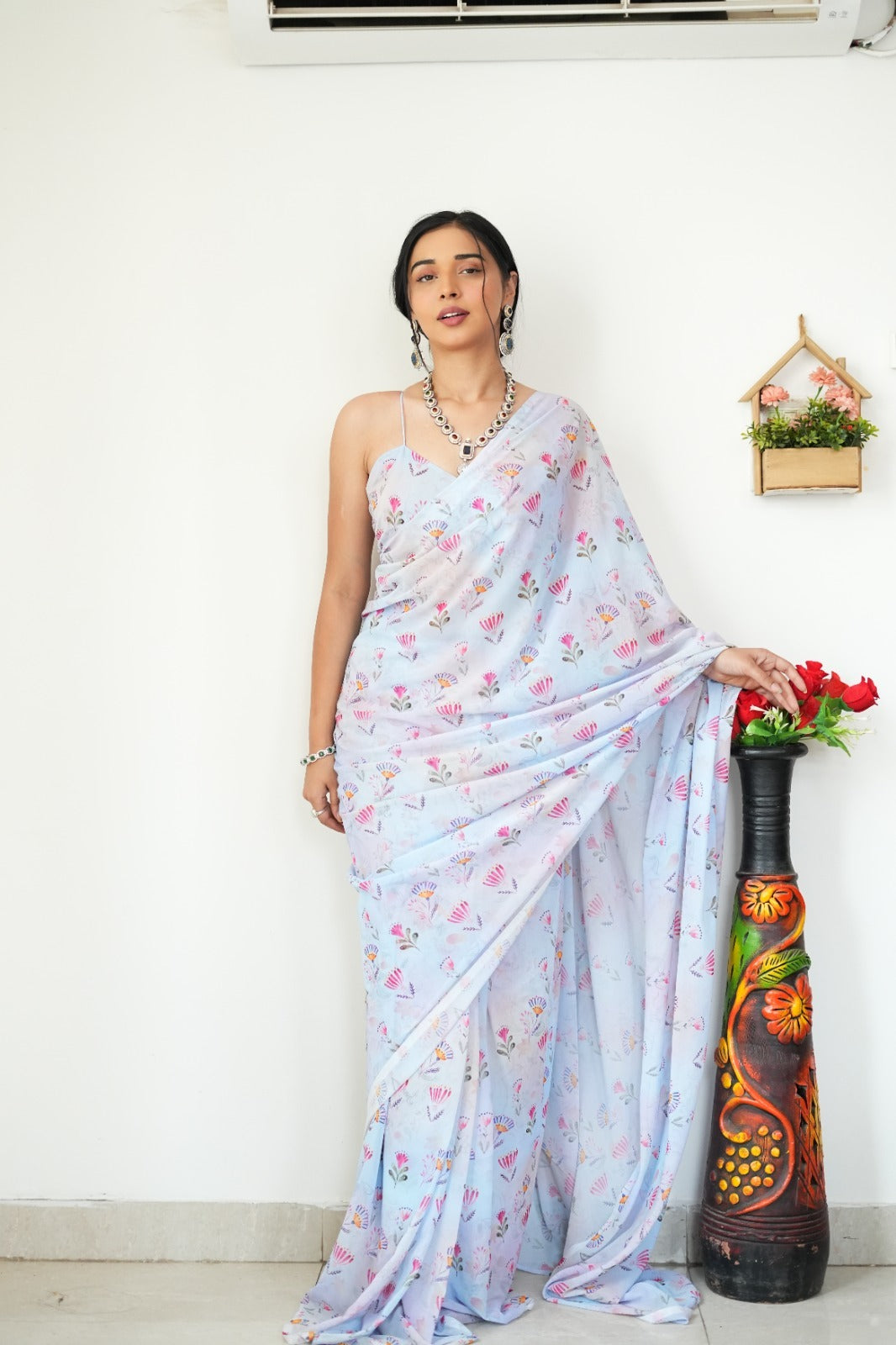 One Minute Ready To Wear Baby Blue Printed Satin Silk Saree