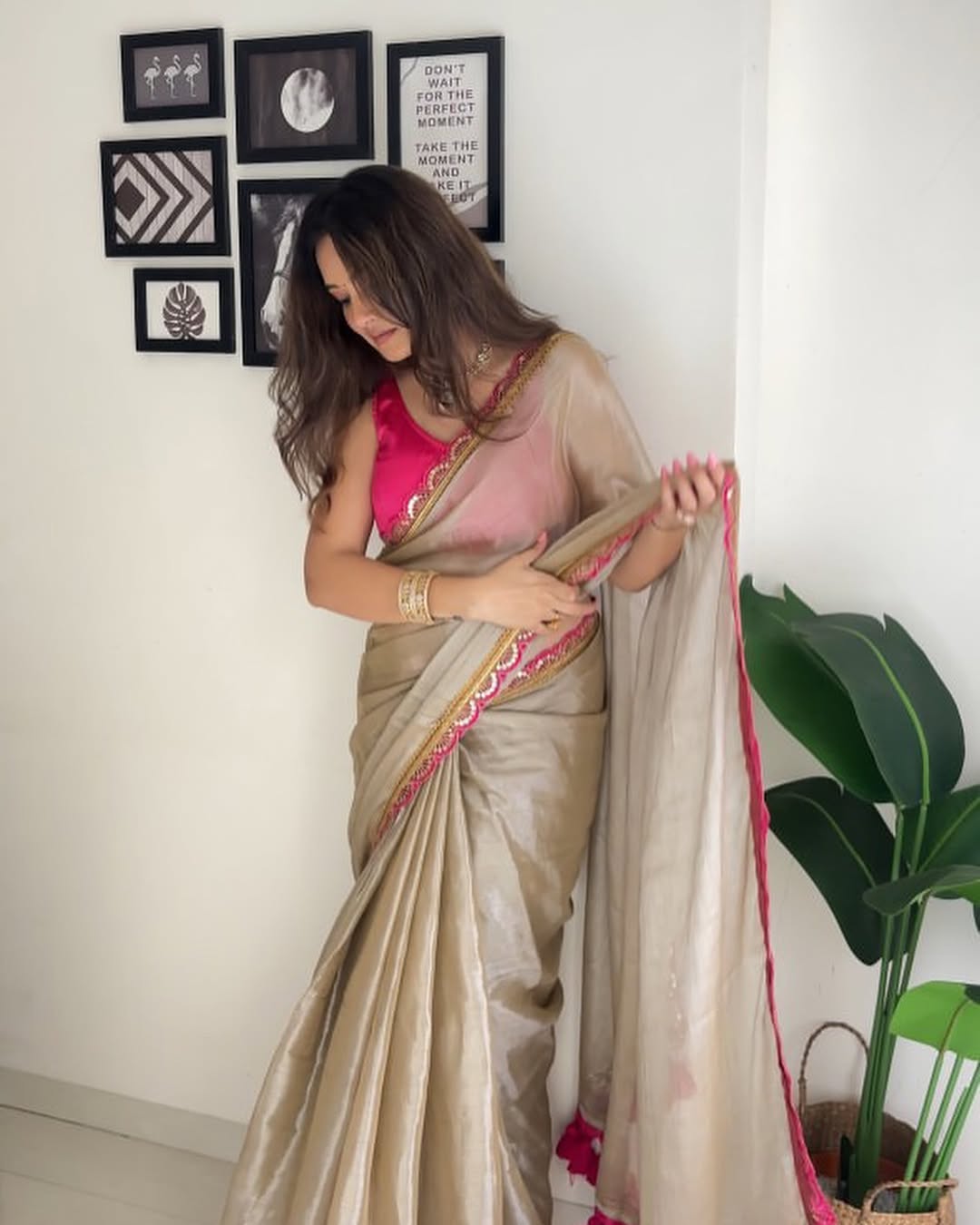 Classy Gold and Pink Uppada Tissue Silk Saree