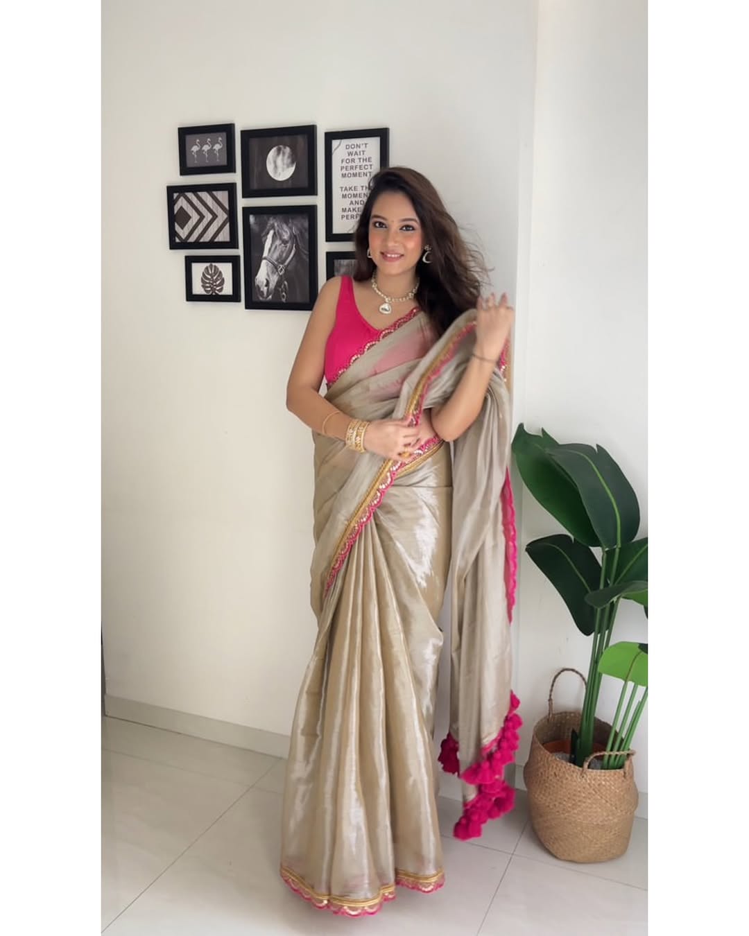 Classy Gold and Pink Uppada Tissue Silk Saree