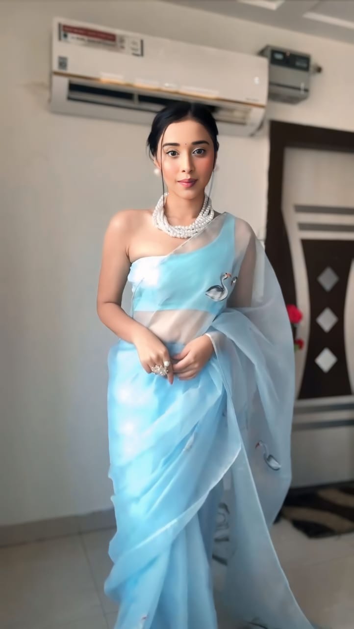 One Minute Ready To Wear Aqua Blue Bollywood Organza Saree