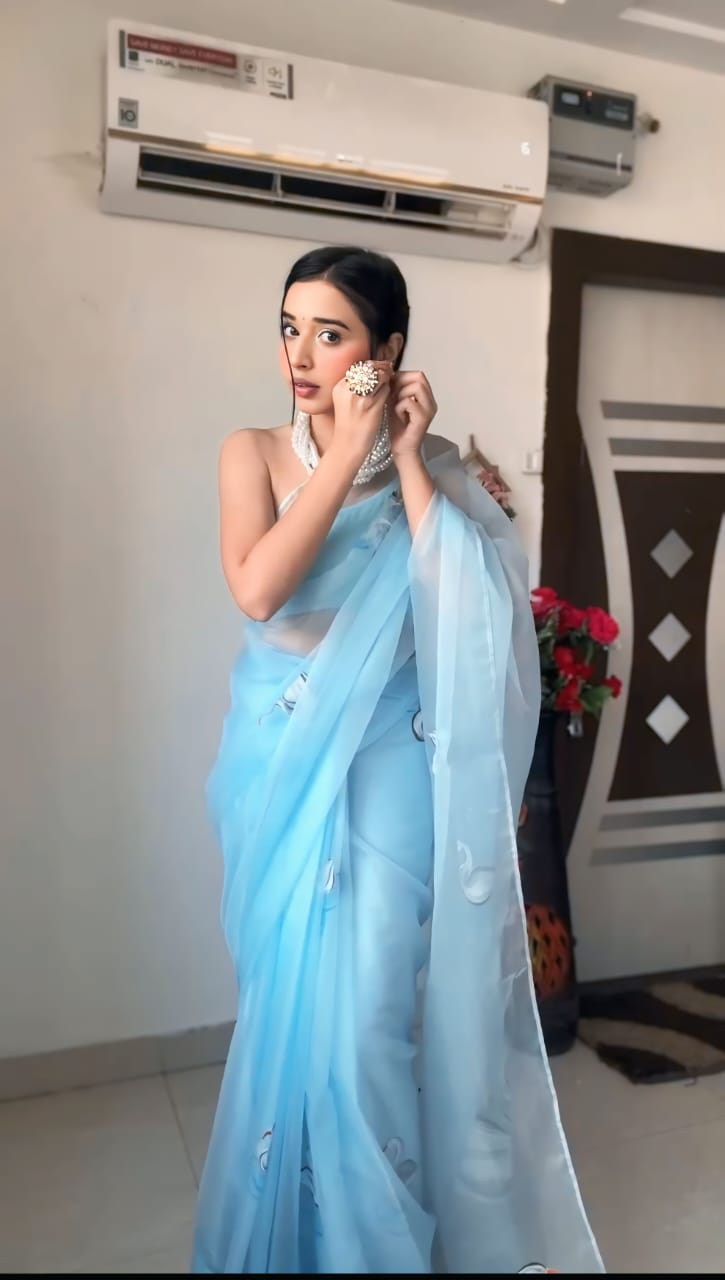 One Minute Ready To Wear Aqua Blue Bollywood Organza Saree