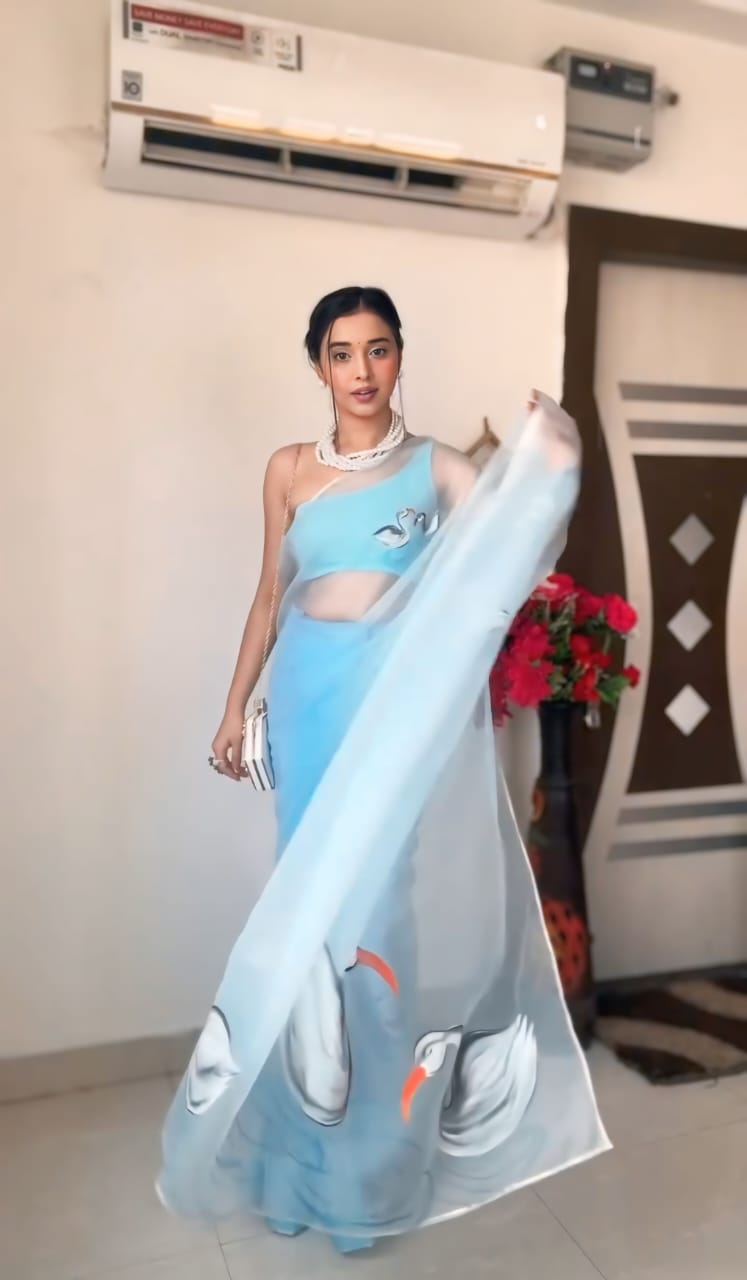 One Minute Ready To Wear Aqua Blue Bollywood Organza Saree