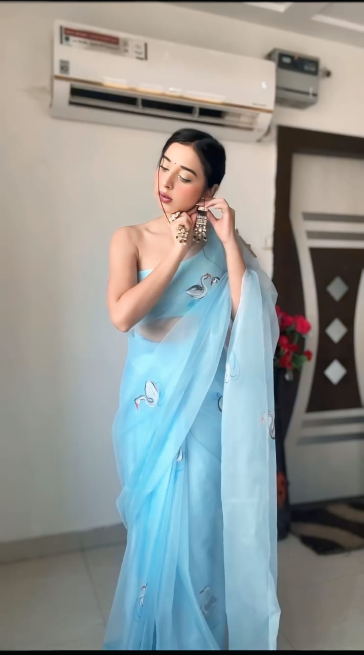 One Minute Ready To Wear Aqua Blue Bollywood Organza Saree