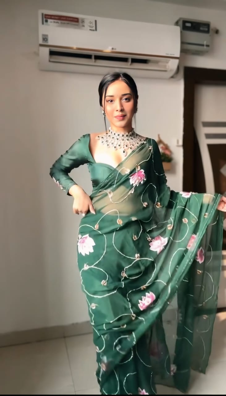 One Minute Ready To Wear Soft Green Chiffon Designer Saree