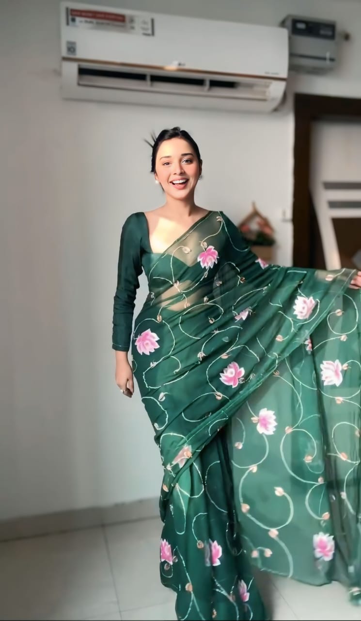 One Minute Ready To Wear Soft Green Chiffon Designer Saree