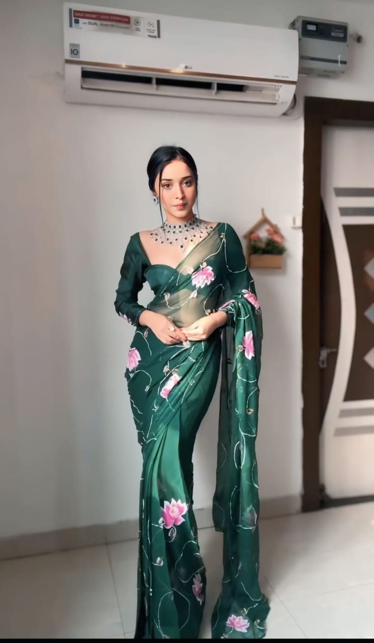 One Minute Ready To Wear Soft Green Chiffon Designer Saree