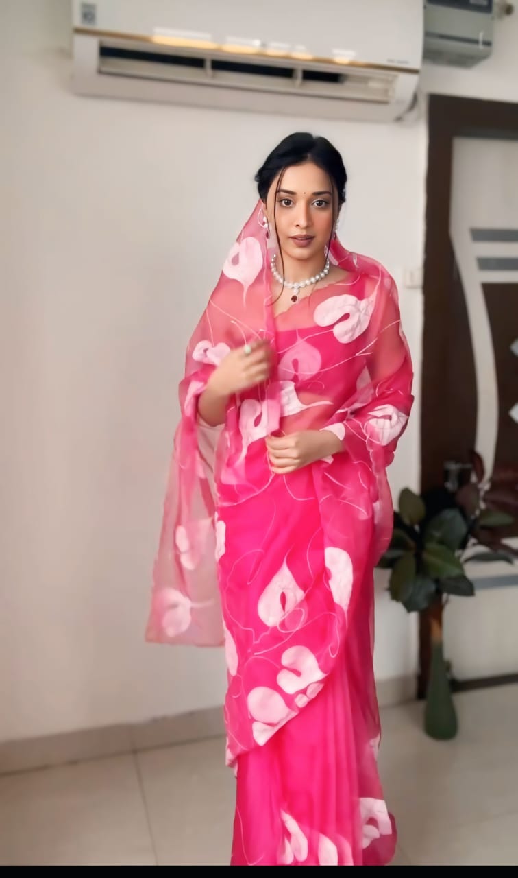 One Minute Ready To Wear Pink Floral Printed Organza Saree