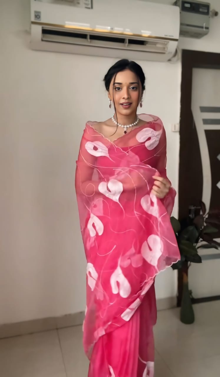 One Minute Ready To Wear Pink Floral Printed Organza Saree