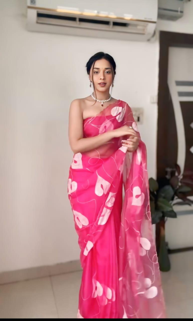 One Minute Ready To Wear Pink Floral Printed Organza Saree